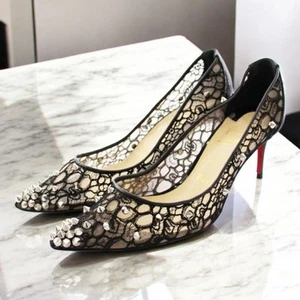 Christian Louboutin Lace Pumps Black Stiletto Heels Studs 36EU - Picture 1 of 8