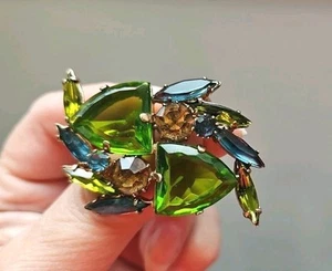 Vintage Blue, Green & Brown Color, Various Size Rhinestones Brooch JL - Picture 1 of 6