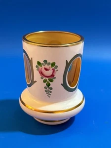 Antique Vtg White Overlay Enamel Bohemian Yellow Art Glass Toothpick Holder 3.25 - Picture 1 of 7