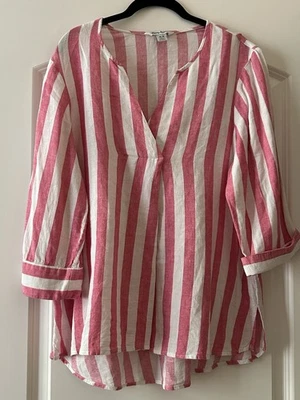 Túnica feminina Tommy Bahama de linho média rosa branca listra metálica manga 3/4 - Imagem 1 de 3