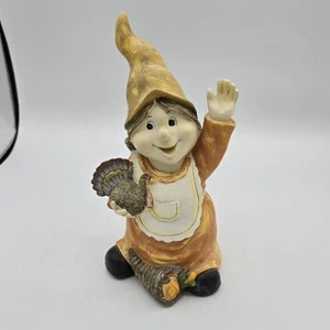 Thanksgiving Girl Garden Gnome Waving Holding Turkey Fall Harvest Cornucopia  - Picture 1 of 6