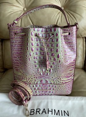 Brahmin Marlowe Leather Drawstring Bucket Bag Pink Green Melbourne Sweetener - Image 1 of 4