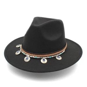 Fashion Unisex Wool Blend Wide Brim Panama Fedora Hat Turquoise Leather Belt - Picture 1 of 21