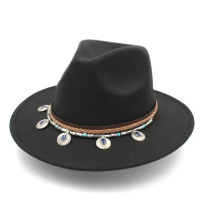 Moda Unisex Mezcla de Lana Ala Ancha Panamá Fedora Sombrero Turquesa Cuero Cinturón Foto 1 de 4