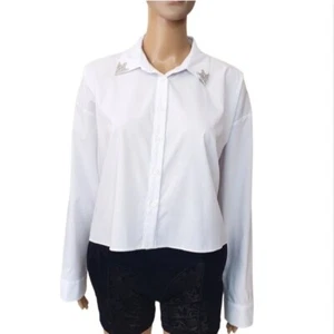 White Formal casual Shirt Long Sleeve Sze 10 Cotton Oversized Tops Blouse button - Picture 1 of 9