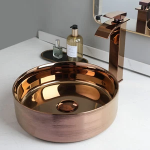 Lavello vaso tondo oro rosa con rubinetto vaso ceramica lavandino bagno rubinetto - Foto 1 di 6