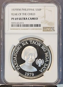 1979 PHILIPPINES SILVER 50 PISO S50P YEAR OF THE CHILD NGC PF 69 ULTRA CAMEO - Picture 1 of 3