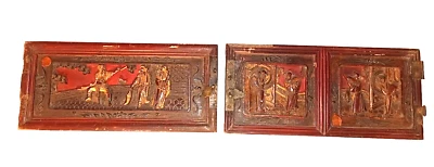 Two Antique Chinese Carved Red Gilt Gold Tone Relief Open Work Wood Panels - Image 1 of 4