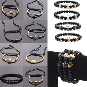 Noble Men's 18k Superhero Micro Pave Zircon Bead Braiding Macrame Agate Bracelet - Picture 1 of 56