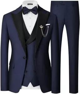Wangyue Men's Suit Slim Fit Navy Blue 3 Piece Satin Peak Lapel XL 44R 38W 1B - Picture 1 of 2