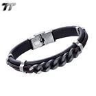 TT Black/Brown Leather 316L S.Steel Chain Bracelet Wristband (BR299) 2019 NEW