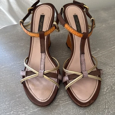 Louis Vuitton Sz 37.5 US 7.5 LV Leather Espadrille Wedge Heel Sandals Italy - Image 1 of 4