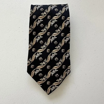 Corbata vintage Valentino Cravatte negra dorada seda Italia diseñador floral geométrico Foto 1 de 4