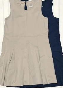 Wonder Nation Girls School Uniform Dresses 14 Sleeveless Beige & Navy LOT Preppy - Picture 1 of 3