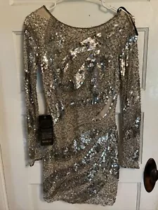 BEBE Womens Mini Dress Silver Sequin Sz 2 MSRP $269 Las Vegas NWT - Picture 1 of 11