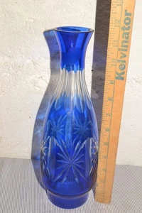 Vintage Cobalt Blue Tall Decanter Bottle 11" Cut to Clear Crystal Glass - Picture 1 of 5