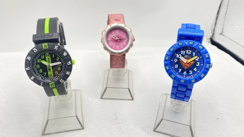 3 Смешанные цвета заполнить Flak на образец Kids обучения часы.34 мм все работы SWISS MADE - Изображение 1 из 4