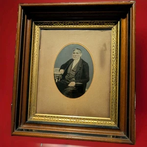 Antique Wood Gold Gilt Picture Frame w/ Tin Photo Creepy Man 1800s Pink Cheeks - Picture 1 of 19