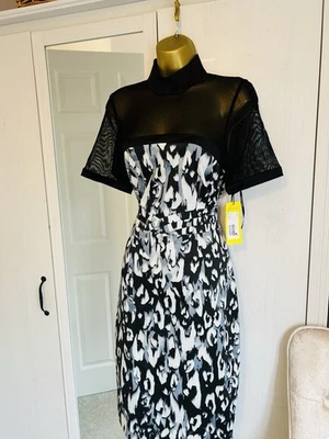 Vestido de cóctel Karen Millen negro gris estampado de leopardo satinado transparente lápiz Reino Unido 14 Foto 1 de 4