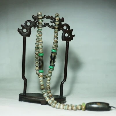 Collar de cuentas redondas amuleto de cuerno de buey y ágata roja antigua de 28" Foto 1 de 4