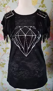 RELISH Made in Italy Top T Shirt Tee Fringed Sequinned Epaulettes Sz XS (6-8) - Foto 1 di 9