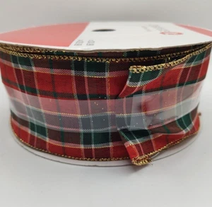 Wired Ribbon 2.5" x 80' JUMBO Red Green Tartan Plaid Gold Trim Accents - Picture 1 of 5