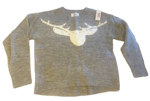 JUSTICE Girls 12 Soft Gray White Rhinestone Reindeer Long Sleeve Sweater NWT - Picture 1 of 9