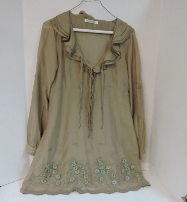 BROWN PULL-ON SILK BLEND TUNIC BLOUSE , LONG SLEEVE BY MONO RENO. SIZE M - Image 1 of 4