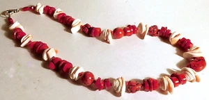 VINT CORAL SHELL BEAD NECKLACE RED CREAM - Picture 1 of 3