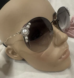 AUTHENTIC MIU MIU Sunglasses SMu 52t Silver Black Mu52tS 60 Round Pearl Crystals - Picture 1 of 13