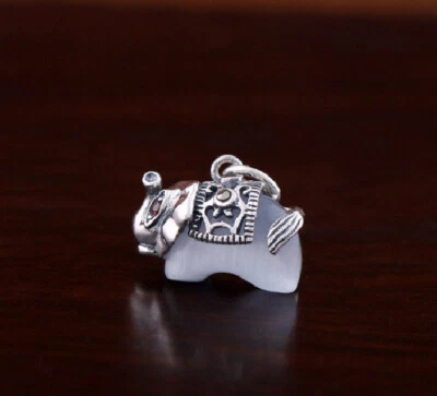 T08 Rimorchio Elefante Con Chalcedon Bianco 925 Argento Sterling - Immagine 1 di 3