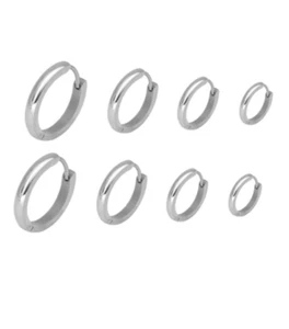 2Pcs Silver Stainless Steel Hinged Huggie Hoop Ear Earrings 7-14mm Women Men - Picture 1 of 8
