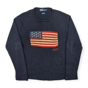 Polo Ralph Lauren Vintage USA Flag Knitted Jumper Blue Men's Large - Picture 1 of 6