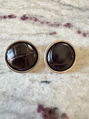 Ralph Lauren Vintage Sterling Silver 925 Brown Crocodile Leather Earrings - Image 1 of 4