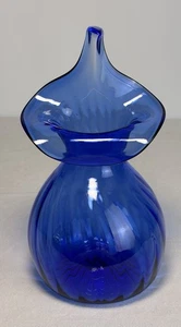 Hand Blown Jack In The Pulpit 7” Bud Vase Blue Glass Ribbed Vintage - Picture 1 of 15