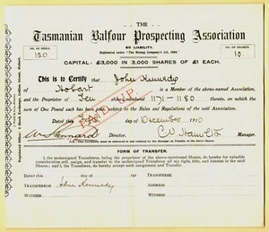 Share Scrip - Mining. 1910 Tasmania Balfour Prospecting Association. Issue 120 - Picture 1 of 1