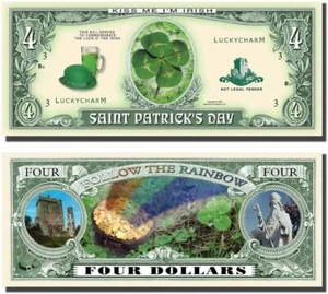 50  St Patrick's Day Shamrock Irish Four Leaf Clover $4 Dollar Money Lucky Bill - Picture 1 of 3