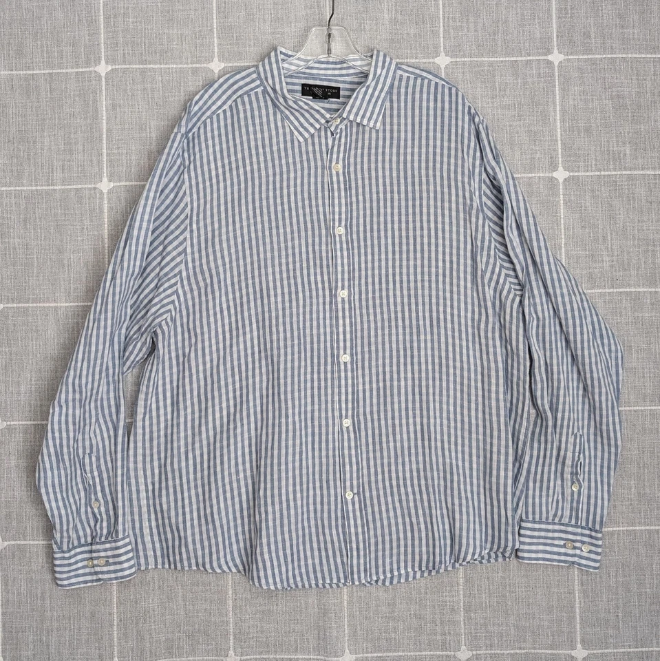 The Mens Store At Bloomingdales Shirt Mens 2XL Blue Striped Linen Button Preppy - Image 1 of 4
