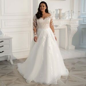 Lace Wedding Dresses Plus Size Elegant Long Sleeves A Line Tulle Bridal Gowns