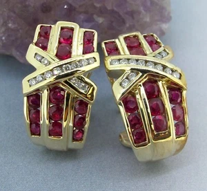 14K Yellow Gold .16 CTTW Diamond & Ruby Crossover Omega Pierced Earrings - Picture 1 of 6