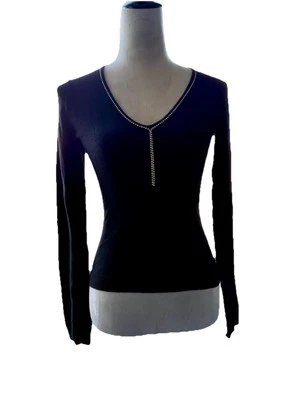 Blusa Mexx Elegante Negra Manga Larga Cuello en V Estrás Talla Pequeña  Foto 1 de 3