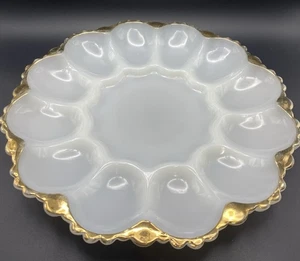 "Vidrio de leche MCM Fire King/Anchor Hocking de colección con borde dorado servidor de huevos de Devild 10""" - Imagen 1 de 5