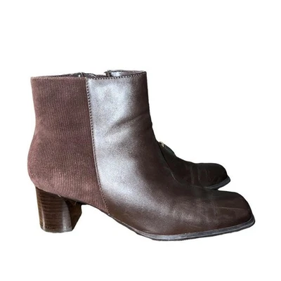 MGD "Hope" brown leather & corduroy stacked heel ankle boots women's size 8.5M - Image 1 of 4