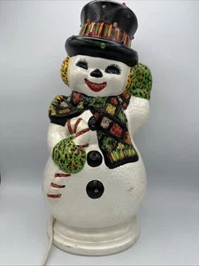 Snowman Frosty Vintage Ceramic Mold Hat Candy Cane Scarf Hand Painted With Light - Picture 1 of 24