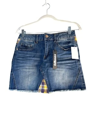 Dollhouse Womens Denim Mini Skirt Plaid Trim Five Pocket Raw Hem Size 7 28 NWT - Image 1 of 4