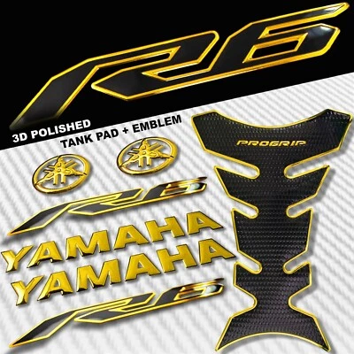 2-TONE CHROMED GOLD PRO GRIP FUEL TANK PAD+8" YAMAHA LOGO+YZF-R6 EMBLEM STICKER - Image 1 of 4