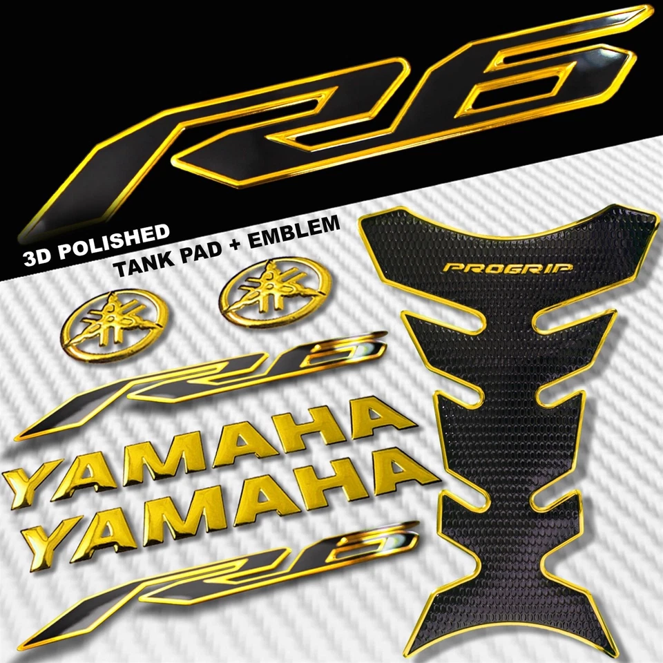 ALMOFADA TANQUE DE COMBUSTÍVEL 2 TONS OURO CROMADO PRO GRIP + 8" LOGOTIPO YAMAHA + ADESIVO EMBLEMA YZF-R6 - Imagem 1 de 4