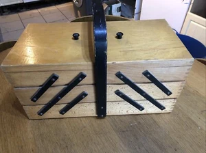 Vintage Wooden 3 Tier Cantilever Sewing Box Basket- Mid Century Design - Picture 1 of 9