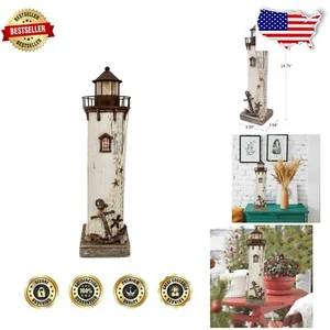 Mediterranean-Style Lighted Wooden Lighthouse - Nautical Home Decor Accent - Picture 1 of 8
