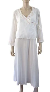 Vintage 90s NOCTURNE Hand Embroidered Cotton Chemise Nightgown and Jacket Set M - Picture 1 of 6